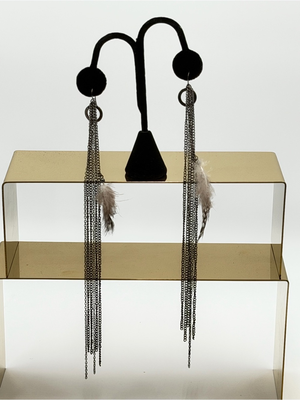 Boho Gunmetal Chain Fringe Feather Earrings